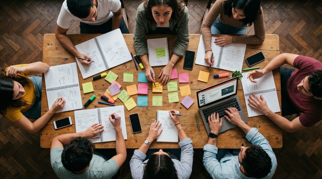 eam, workshop, office, collaboration, sticky notes, planning, strategy, brainstorming, table, overhead, people, working, laptop, notebooks, creativity, business, meeting, together, analysis, group, ai generated